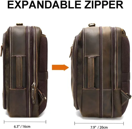 Vista 4 de Mochila vintage de cuero expandible 2 en 1 para hombre, maletín cruzado de hombro grande, mochila de viaje para trabajo, senderismo, para laptop