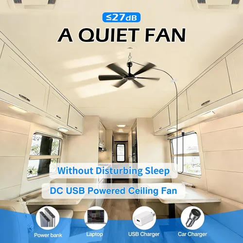 Vista 3 de Ventilador colgante pequeño USB portátil de 17.7 pulgadas con 6 cuchillas, uso en interiores y exteriores, para caravana, campamento y toldo, Negro