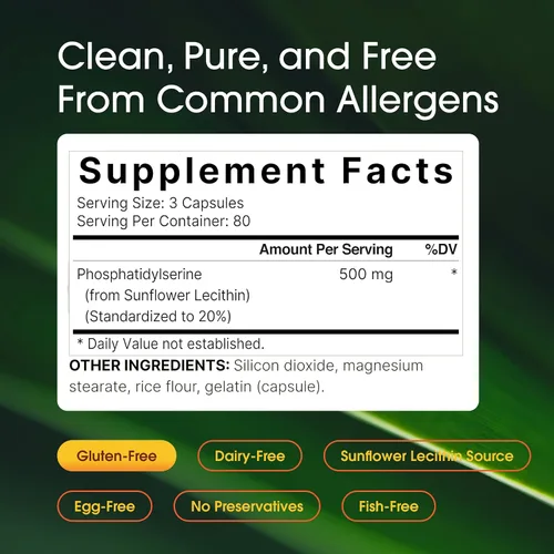 Vista 3 de Suplemento de Fosfatidilserina Ultra Fuerza 500mg Por Porción, 240 Cápsulas Sin Soja, Derivado de Lecitina de Girasol – Apoya la Salud Cognitiva