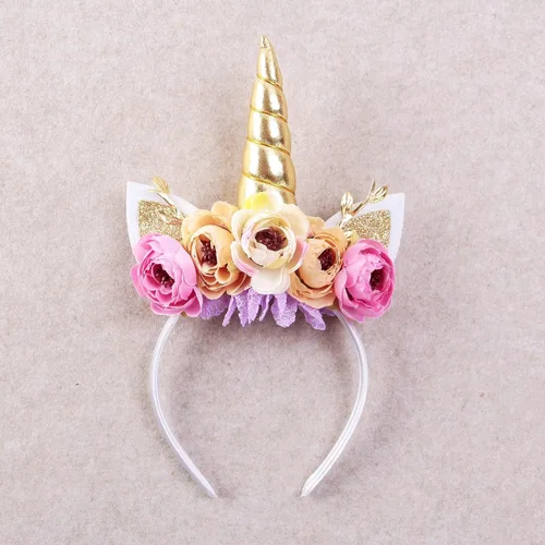 Vista 3 de Nishine Diadema de cuerno de unicornio con purpurina para niñas, diadema de camelia pony, banda para el pelo de flores, tiara para fiesta, regalo