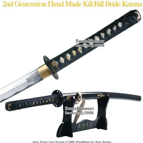 Vista 2 de Espada katana samurái hecha a mano de Kill Bill Bride's con soporte de exhibición y kits de limpieza