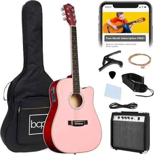 Vista 12 de Best Choice Products Juego de iniciación de guitarra acústica y eléctrica para principiantes con 41 pulgadas, diseño de corte total en madera, bolsa