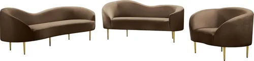 Vista 7 de Meridian Furniture 659Brown-L Ritz Collection Modern Sofá biplaza tapizado contemporáneo con terciopelo marrón intenso, patas de metal dorado