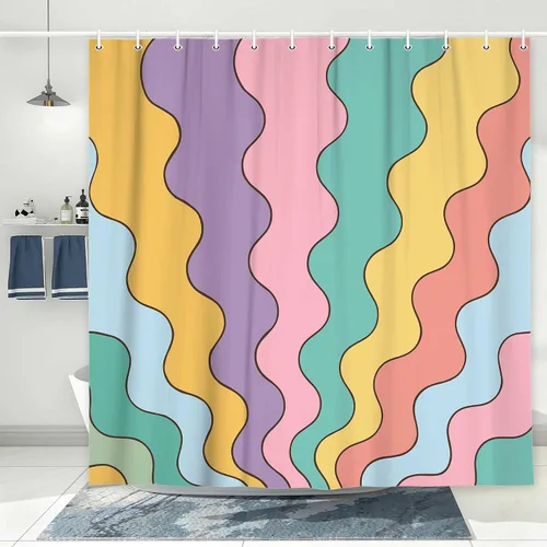 Vista 6 de Neutral Muted Earth Tone Wavy Shower Curtain Mid Century Modern Sage Taupe Blush Abstract Boho Bathroom Curtain Set with Hooks 36x72 Inch