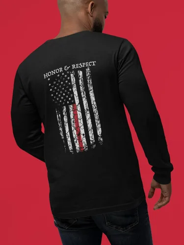 Vista 4 de Camiseta de manga larga Honor Respect U.S. Flag Red Line Firefighter Negro