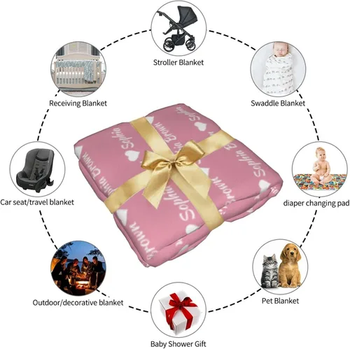 Vista 7 de Manta de bebé personalizada para niña y niño, manta de recepción con nombre personalizado con diadema de lazo y sombrero, regalos personalizados