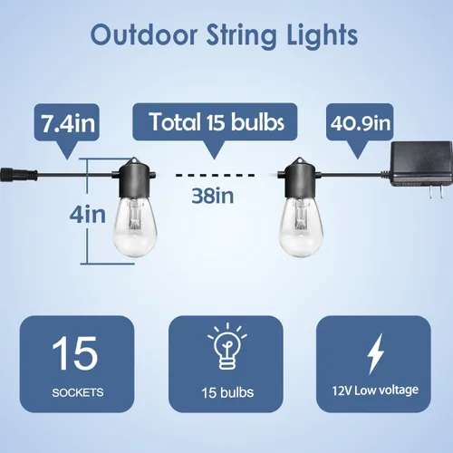 Vista 2 de GANA - Tira de luces LED para exteriores de 12V de bajo voltaje y segura, 48 pies, 15 bombillas inastillables, 2200K, luz blanca cálida