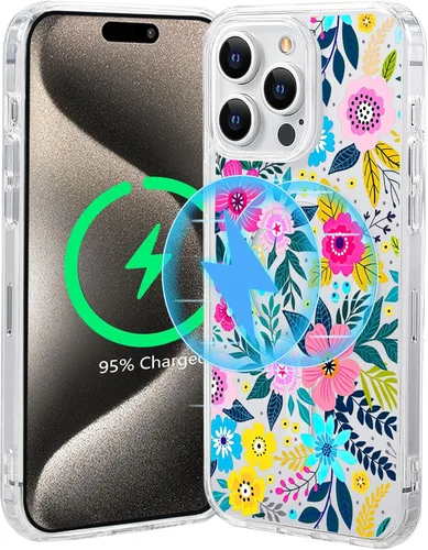Vista 44 de Funda magnética de flores para iPhone 15 [compatible con MagSafe] Bonito patrón floral transparente a prueba de golpes