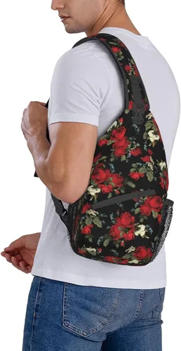Vista 6 de Junong Bolso bandolera bandolera para viajes, senderismo, pecho, mochila deportiva para mujeres y hombres, Patrón floral de rosas rojas
