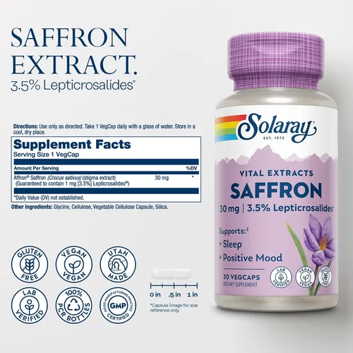 Vista 2 de SOLARAY Extracto de azafrán – Apoyo positivo para el sueño y el estado de ánimo – Suplementos de azafrán veganos y sin gluten – Verificado por