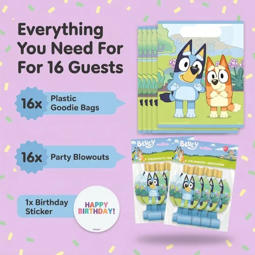 Vista 3 de Suministros Únicos de Fiesta Bluey - Bolsas de Regalo Bluey Rellenos - Paquete con 16 Bolsas de Regalo, 16 Globos, Adhesivo - Decoraciones de Fiesta
