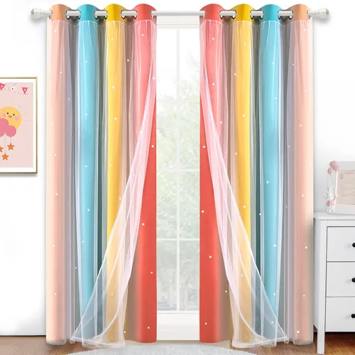 Vista 18 de Cortinas opacas con recorte de estrellas y arcoíris para guardería/habitación de niños/niñas, con superposición de tul, 2 paneles, cada una de 52