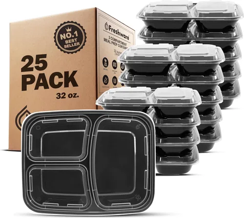 Vista 14 de Freshware Contenedores de preparación de comidas [21 unidades] 3 compartimentos con tapas, contenedores de almacenamiento de alimentos, caja Bento