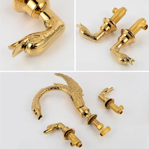 Vista 7 de Oro dorado adornado estilo cisne baño fregadero grifo combinado cubierta montaje fregadero mezclador grifo conjunto agua fría caliente