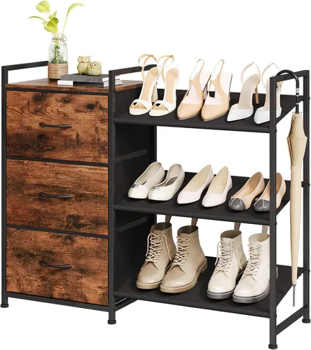 Vista 11 de Somdot Zapatero, organizador de zapatos de 3 niveles con 3 cajones, estante de almacenamiento de zapatos de metal para 6-9 pares de zapatos, Negro
