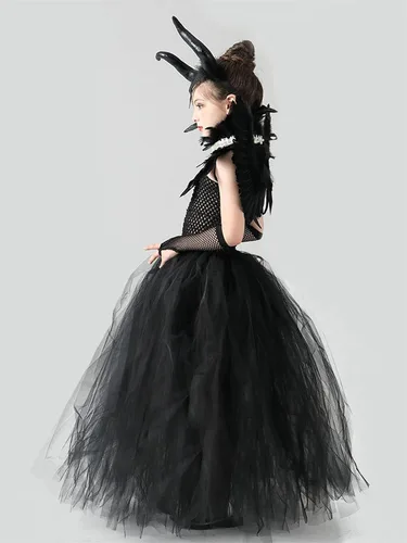 Vista 2 de Lchiji Disfraz de bruja de vampiro para niñas, tutú de tul, cuernos, capa de plumas y cuernos, conjunto de disfraz de cosplay