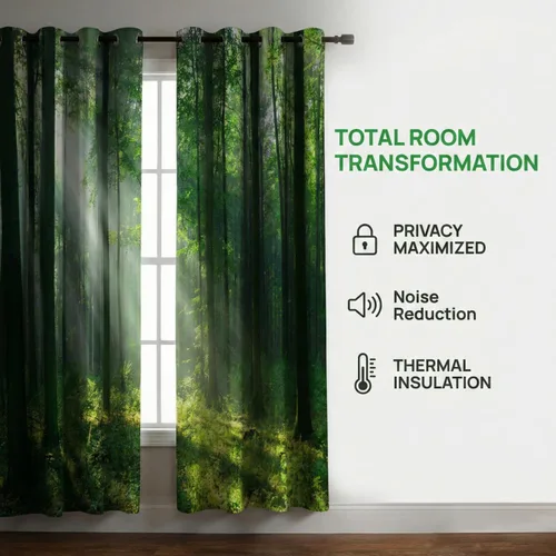 Vista 6 de Cortinas de bosque, cortinas opacas de árboles verdes, cortinas de tratamiento de ventanas de bosque para sala de estar, dormitorio, hotel, 2