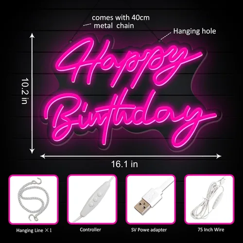 Vista 5 de Letrero de neón de feliz cumpleaños, reutilizable, luz LED de neón rosa, decoración de fiesta de cumpleaños, funciona con USB, decorativo para telón