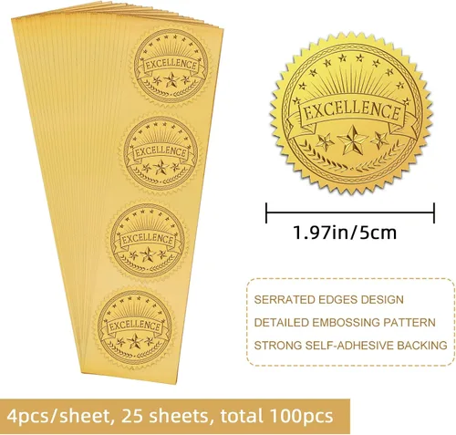 Vista 2 de CRASPIRE Calcomanías de papel de aluminio dorado de 2 pulgadas en relieve, certificado de estrella de excelencia, sellos oficiales, calcomanías