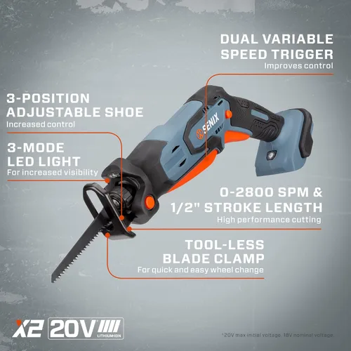 Vista 5 de SENIX PSRX2-M1-0 X2 20 Volt Max* Sierra alternativa compacta de 1/2 pulgada, velocidad variable, 2800 SPM máximo, abrazadera de hoja sin