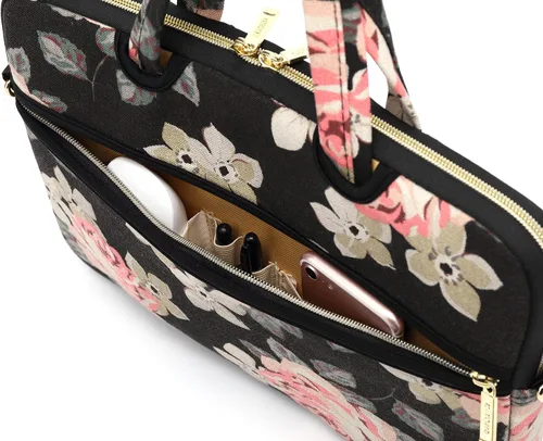 Vista 8 de Kayond - Bolsa de hombro impermeable para laptop con patrón de rosas negras resistente al agua, funda para laptop de 12 y 13 pulgadas Negro Rosado