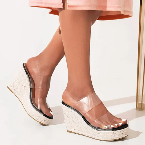 Vista 6 de VARECOLA Sandalias de tacón de cuña con correas transparentes para mujer, sandalias de plataforma con puntera abierta