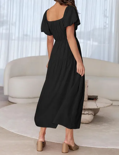 Vista 4 de ZESICA Vestido midi sexy bohemio con hombros descubiertos para mujer, de manga corta, cintura alta, con volantes, acampanado, para fiesta en la playa