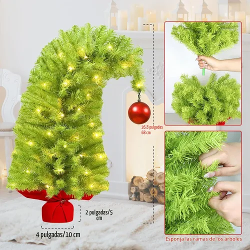 Vista 4 de HMASYO Whimsical Small Tabletop Christmas Tree with Lights and Red Ball, 26.8" Bendable Lime Green Artificial Table Top Christmas Tree for Home