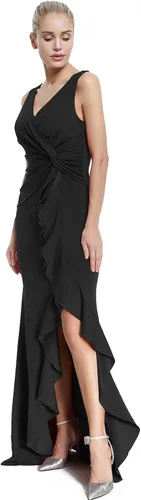 Vista 4 de Lsisi Vestido largo formal de noche para mujer, con cuello en V, sin mangas, con abertura alta