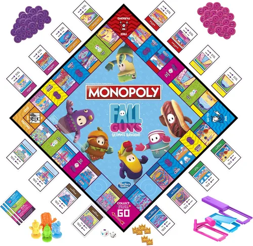 Vista 2 de Monopoly Fall Guys Ultimate Knockout Edition Juego de mesa para jugadores de 8 años en adelante, Dodge Interactive Obstáculos, incluye Troquel