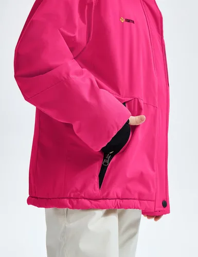 Vista 6 de GEMYSE Chaqueta de esquí impermeable para niña, chaqueta de invierno a prueba de viento con capucha