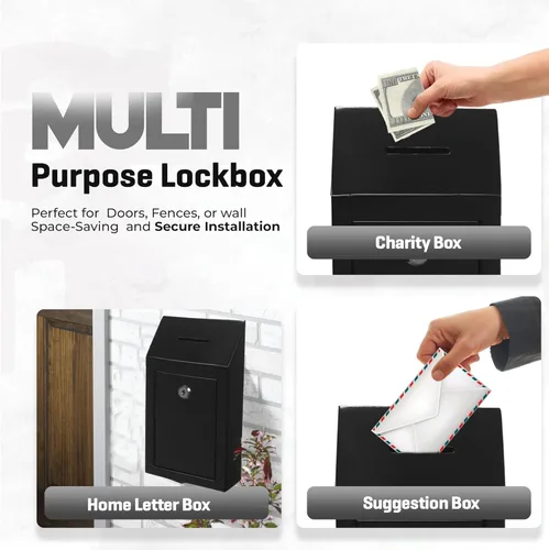 Vista 5 de Caja de Donación de Metal - Caja de Sugerencias con Ranura y Cerradura - Caja de Seguridad para Dinero - Caja de Depósito Segura - Caja