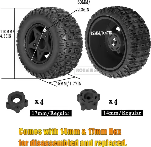 Vista 4 de Ruedas y neumáticos hexagonales RC de 0.472 in/0.551 in para camión escala 1/10, neumáticos de camión RC para 1/10 Slash 2WD 4×4 Senton Axia1 L0SI