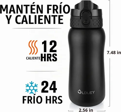 Vista 3 de Botella de agua aislada Oldley de 12 oz con pajita, botella de agua de acero inoxidable con 2 tapas, botellas de doble pared con vacío para adultos
