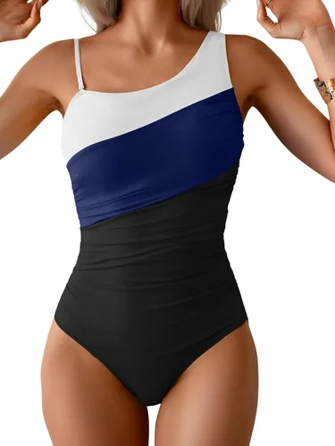 Vista 28 de Aidonger Traje de baño de una pieza con un hombro para mujer, traje de baño de bloque