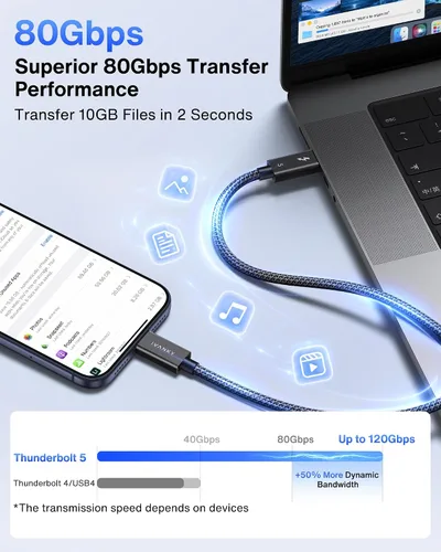 Vista 4 de IVANKY Cable Thunderbolt 5 certificado Intel de 3.3 pies, cable Thunderbolt Negro