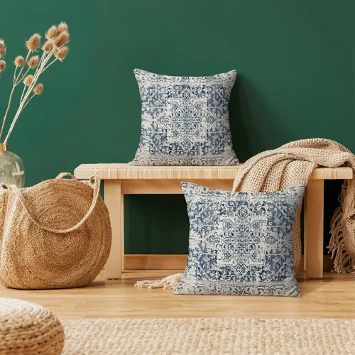 Vista 4 de Fundas de almohada Gohdiwh boho 16 x 16, juego de 2, fundas de almohada decorativas de diseño étnico, fundas de almohada de lino azul
