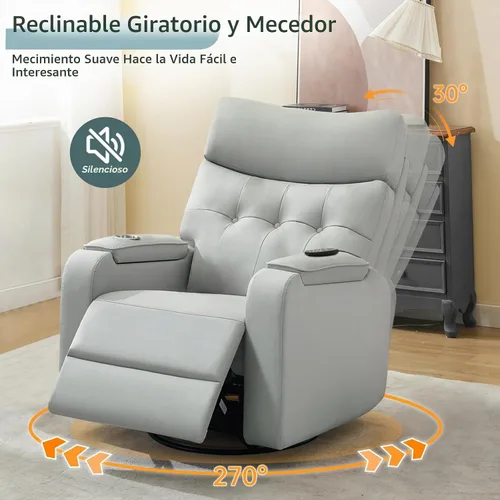 Vista 5 de Rocker - Silla reclinable para cuarto de bebé, mecedora giratoria con calor y masaje, para sala de estar, color gris Gris cuero