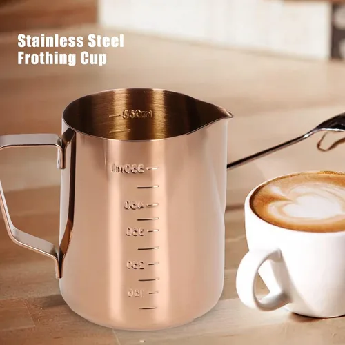 Vista 3 de Taza de espuma, jarra de leche de café 550ML con escala Jarra de vapor de acero inoxidable de oro rosa