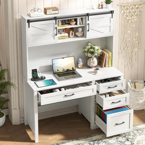 Vista 5 de Escritorio ejecutivo de granja de 67 pulgadas de alto con gabinete, mesa de oficina con luz LED y 4 cajones, escritorio para computadora