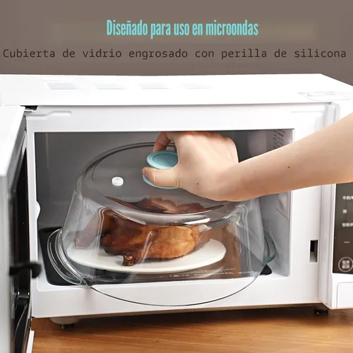 Vista 2 de Cubierta de vidrio contra salpicaduras de microondas para alimentos, cubierta alta para microondas con perilla de silicona, 100% apta