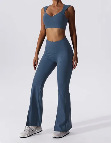 Vista 3 de ABOCIW Conjuntos de entrenamiento para mujer, 2 piezas, leggings acampanados de cintura alta, dobladillo con abertura, cuello en V, brasier