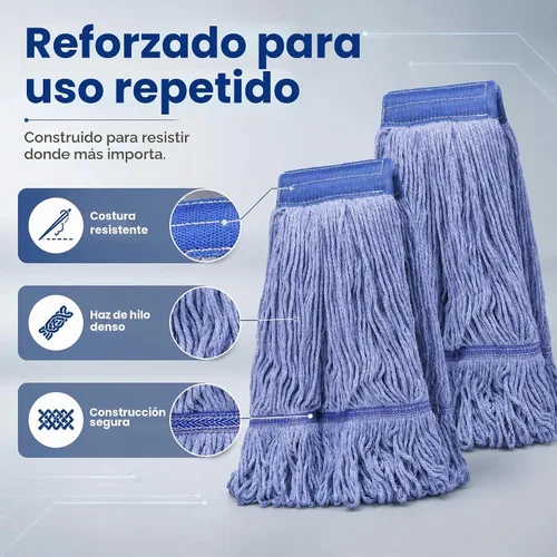 Vista 3 de Paquete de 12 cabezales de repuesto para trapeador, repuesto comercial de cabezal de trapeador de alta resistencia, repuestos comerciales de algodón