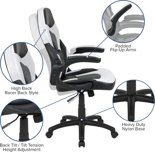 Vista 3 de Flash Furniture Juego de escritorio para juegos negro y silla de carreras blanco/negro con soporte para tazas, gancho para auriculares y soporte