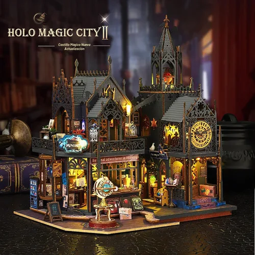 Vista 2 de Kit de Rincón de Libros de Bricolaje - Kit de Casa de Muñecas en Miniatura con Muebles y Luz LED, Rompecabezas 3D de Madera Sujetalibros de Arte