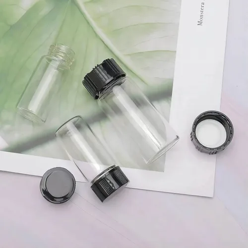 Vista 5 de Frascos de vidrio de muestra de 0.1 fl oz con tapas de rosca, botella vacía de almacenamiento de laboratorio, vidrio de borosilicato transparente