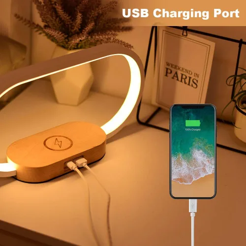 Vista 3 de Donewin Lámpara de noche de carga inalámbrica con puerto de carga USB, luz de mesa de noche de madera de alta calidad para dormitorio, lámpara