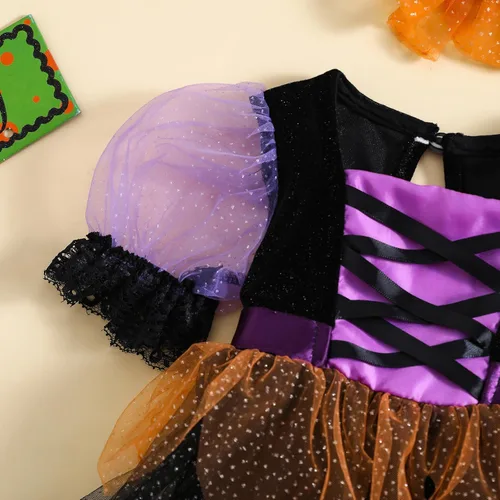 Vista 5 de Disfraz de bruja de Halloween para niña pequeña, vestido de tul con manga abombada, vestido de tul con falda tutú de encaje, traje de fiesta