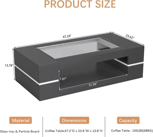 Vista 2 de HedoAjim Mesa de centro moderna y elegante de 47.2 pulgadas con parte superior de cristal, mesa grande para sala de estar, mesas centrales