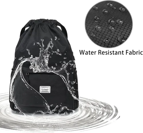 Vista 5 de FUXINGYAO Mochila deportiva con cordón y compartimento para zapatos, mochila de cuerda para mujeres y hombres (negro), Azul, Sencillo y fácil de usar